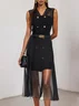 Black Buckle Ruched Classic V Neck Sleeveless A-Line Midi Dress