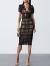 Black Mesh Plaid Classic V Neck Short Sleeve Sheath Midi Dress