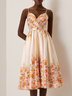 Beige Floral Spaghetti Sleeveless A-Line Midi Dress