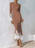Caramel Lace Split Joint Sweater Boat Neck Long Sleeve Regular Sleeve Sheath Maxi Dress