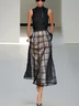 Black Mesh Plaid Classic Mock Neck Sleeveless A-Line Midi Dress