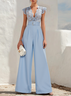 Women Blue Split Joint V Neck Cap Sleeve Dolman Sleeve Dressy Jumpsuit
