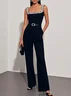 Women Black Imitation Pearls Square Neck Sleeveless Dressy Jumpsuit