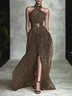 Brown Slit Classic Halter Sleeveless A-Line Maxi Dress
