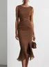 Brown Pleated Slit Classic Boat Neck Sleeveless Mermaid Midi Dress