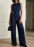 Women Navy Blue Bow Rhinestone Crew Neck Sleeveless Dressy Jumpsuit