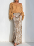 Women Camel Peplum Ruched Cold Shoulder Long Sleeve Dressy Top With Skirt Two-Piece Set