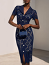 Royal Blue Buckle Lace Lapel Collar Short Sleeve Sheath Midi Dress