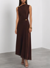 Brown Buckle Ruched Knit Asymmetrical Sleeveless A-Line Maxi Dress