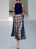 Black Mesh Plaid Classic Mock Neck Sleeveless A-Line Midi Dress