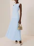 Off White Pleated Classic Boat Neck Sleeveless A-Line Gown Dress