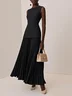 Off White Pleated Classic Boat Neck Sleeveless A-Line Gown Dress