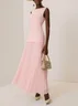 Off White Pleated Classic Boat Neck Sleeveless A-Line Gown Dress