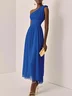 Light Blue Ruched Chiffon One Shoulder Sleeveless A-Line Maxi Dress