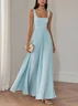 Light Blue Pleated  Square Neck Sleeveless A-Line Maxi Dress