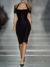 Black Split Joint Slit Velvet Square Neck Short Sleeve Raglan Sleeves A-Line Midi Dress