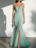 Lightgreen Rhinestone Ruched Chiffon Spaghetti Gallus Mermaid Gown Dress