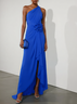 Blue 3D Floral Ruched Classic One Shoulder Sleeveless A-Line Midi Dress