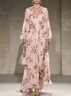 Pink Ruched Floral Chiffon V Neck Long Sleeve Balloon Sleeve A-Line Maxi Dress