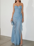 Light Blue Rhinestone Ruched Chiffon Strapless Sleeveless Sheath Gown Dress