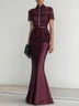 Wine Red Buckle Lace Classic Crew Neck Short Sleeve Mermaid Maxi Dress