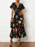 Black Floral Chiffon V Neck Short Sleeve Bell Sleeve A-Line Midi Dress