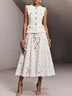 Women White Buckle Pocket Stitching Crew Neck Sleeveless Dressy Coat With Skirt Two-Piece Set
