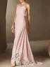 Pink Beaded Ruched Chiffon Halter Sleeveless A-Line Gown Dress