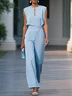 Women Light Blue Hollow Out Crew Neck Cap Sleeve Dressy Jumpsuit