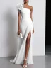 Pink Chiffon 3D Floral Ruched Slit One Shoulder Sleeveless Sheath Gown Dress