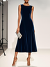 Navy Blue Velvet Boat Neck Sleeveless A-Line Midi Dress
