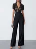Women Black V Neck Short Sleeve Dressy Jumpsuit