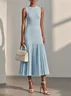 Beige Pleated Knit Crew Neck Sleeveless A-Line Midi Jersey Dress