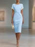 White Imitation Pearls Knot Front Classic Boat Neck Short Sleeve Sheath Midi Dress
