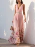 Pink Pleated Floral Deep V Neck A-Line Maxi Chiffon Dress