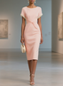 White Imitation Pearls Knot Front Classic Boat Neck Short Sleeve Sheath Midi Dress