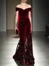 Wine Red Beaded Lace Velvet Off The Shoulder Short Sleeve Mermaid Gown Dress