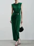 darkgreen Grommets Ruched Knit Crew Neck Sleeveless Sheath Maxi Dress