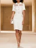 White Buckle Mesh Tweed Shawl Collar Short Sleeve Sheath Midi Dress