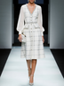 White Buckle Piping Tweed V Neck Long Sleeve Balloon Sleeve A-Line Midi Dress