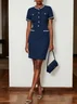 Navy Blue Buckle Piping Tweed Crew Neck Short Sleeve Sheath Midi Dress