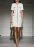 White Buckle Piping Tweed Crew Neck Short Sleeve Sheath Midi Dress
