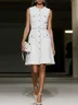 White Buckle Piping Tweed Crew Neck Sleeveless A-Line Midi Dress