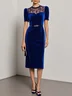 Blue Lace Velvet Crew Neck Short Sleeve Sheath Midi Dress