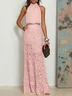 Pink Rhinestone Ruched Lace Crew Neck Sleeveless Mermaid Maxi Dress