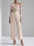 Women Apricot Printing Asymmetrical Long Sleeve Dressy Jumpsuit