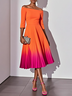 Orange Pleated Ombre Classic Off The Shoulder Half Sleeve A-Line Midi Dress
