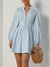 Light Blue Buckle Gathered Cotton V Neck Long Sleeve Balloon Sleeve A-Line Mini Dress