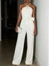 Women White Pleated Rhinestone Halter Sleeveless Dressy Jumpsuit