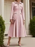 Pink Buckle Tweed Pointed Collar Long Sleeve A-Line Midi Dress